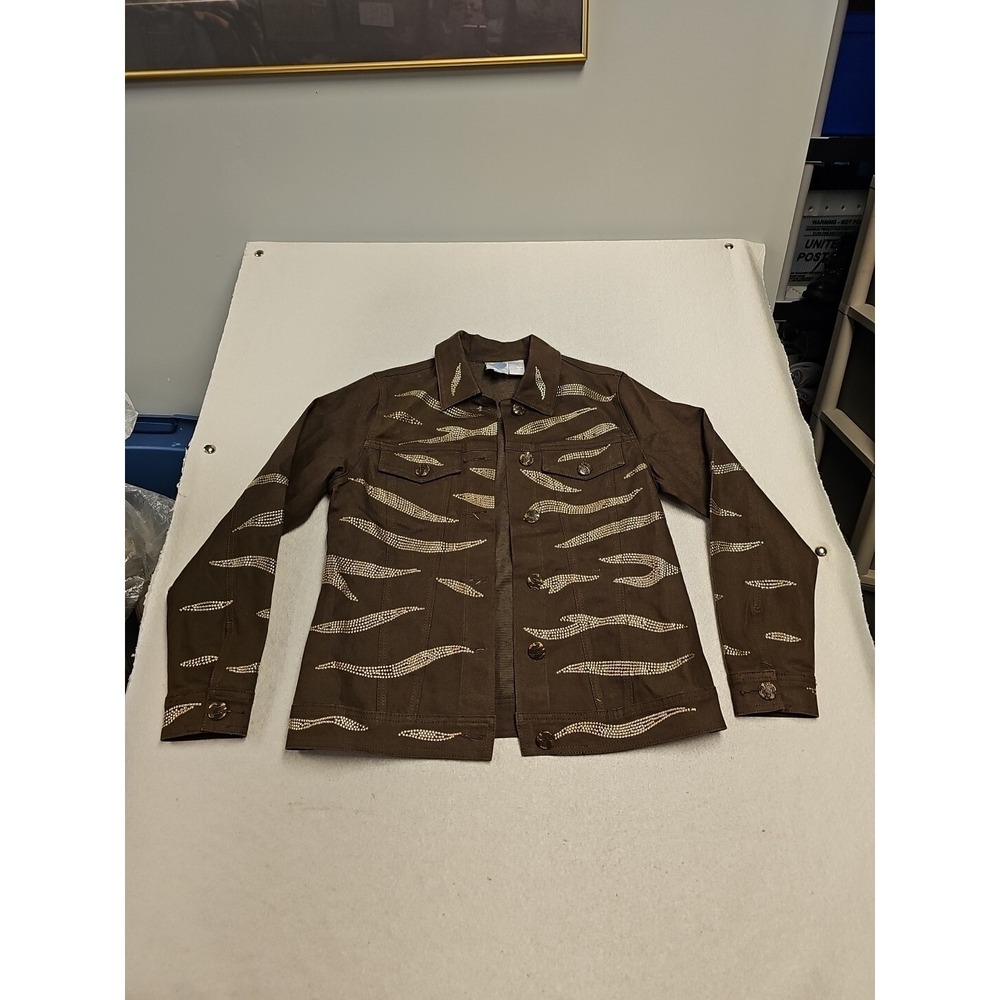 DG2 Diane Gilman Brown Rhinestone Studded Tiger Stripe Jacket Womens XS Stretch